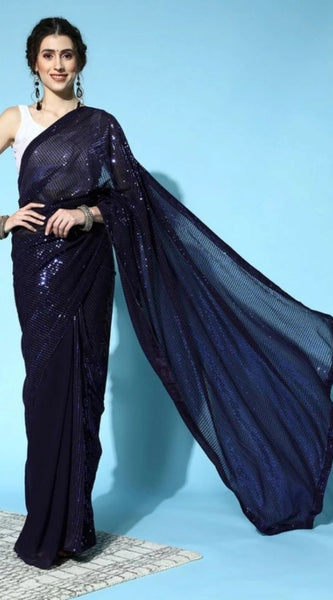 Mayawye Women's Georgette Embellished Sequnece Bollywood Saree With Unstitched Blouse 5.5Mtr (Blue)