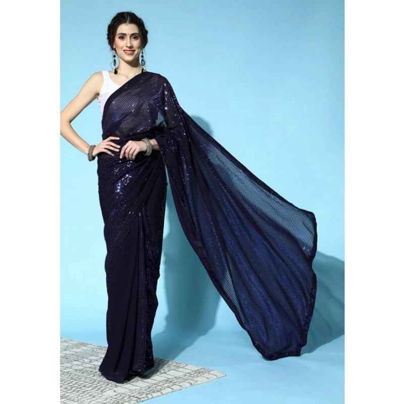 Mayawye Women's Georgette Embellished Sequnece Bollywood Saree With Unstitched Blouse 5.5Mtr (Blue)