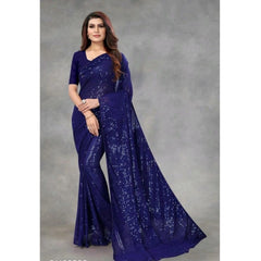 Mayawye Women's Georgette Embellished Sequnece Bollywood Saree With Unstitched Blouse 5.5Mtr (Blue)