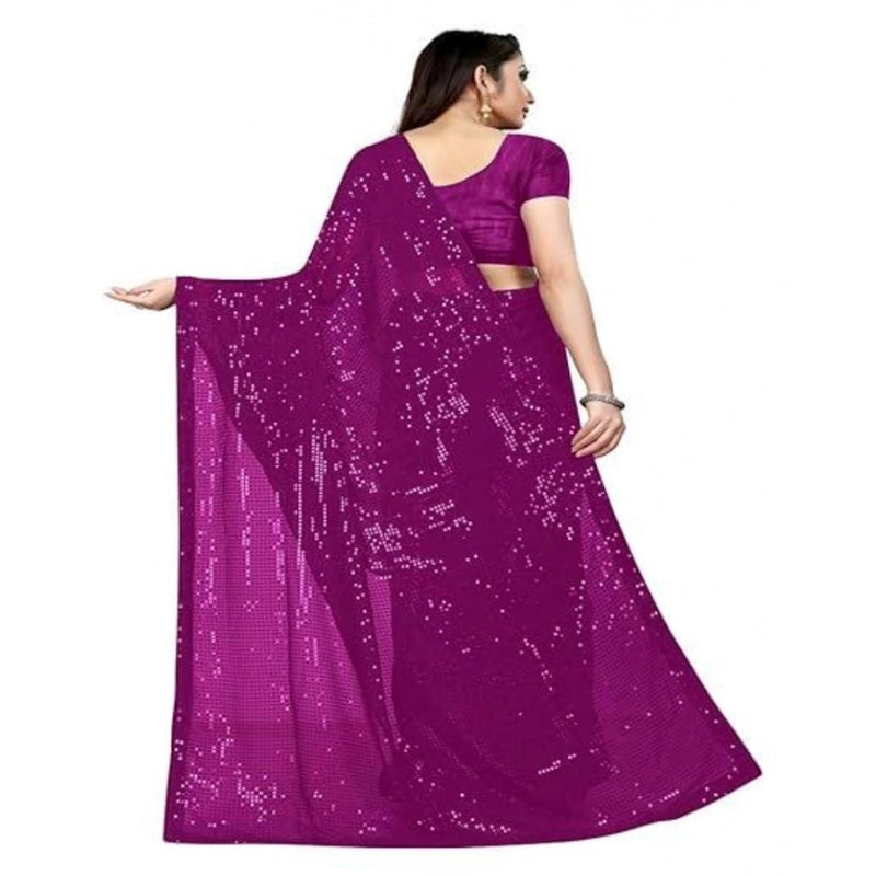 Mayawye Women's Georgette Embellished Sequnece Bollywood Saree With Unstitched Blouse 5.5Mtr (Purple)
