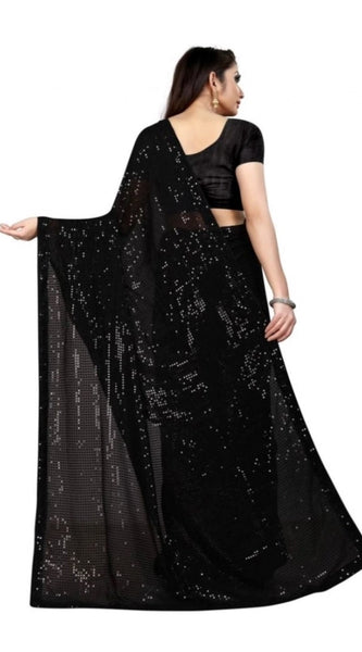 Mayawye Women's Georgette Embellished Sequnece Bollywood Saree With Unstitched Blouse 5.5Mtr (Black)
