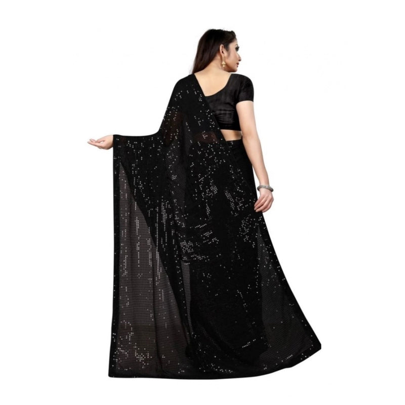 Mayawye Women's Georgette Embellished Sequnece Bollywood Saree With Unstitched Blouse 5.5Mtr (Black)