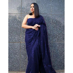 Mayawye Women's Georgette Embellished Sequnece Bollywood Saree With Unstitched Blouse 5.5Mtr (Blue)