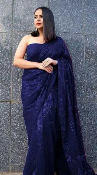 Mayawye Women's Georgette Embellished Sequnece Bollywood Saree With Unstitched Blouse 5.5Mtr (Blue)