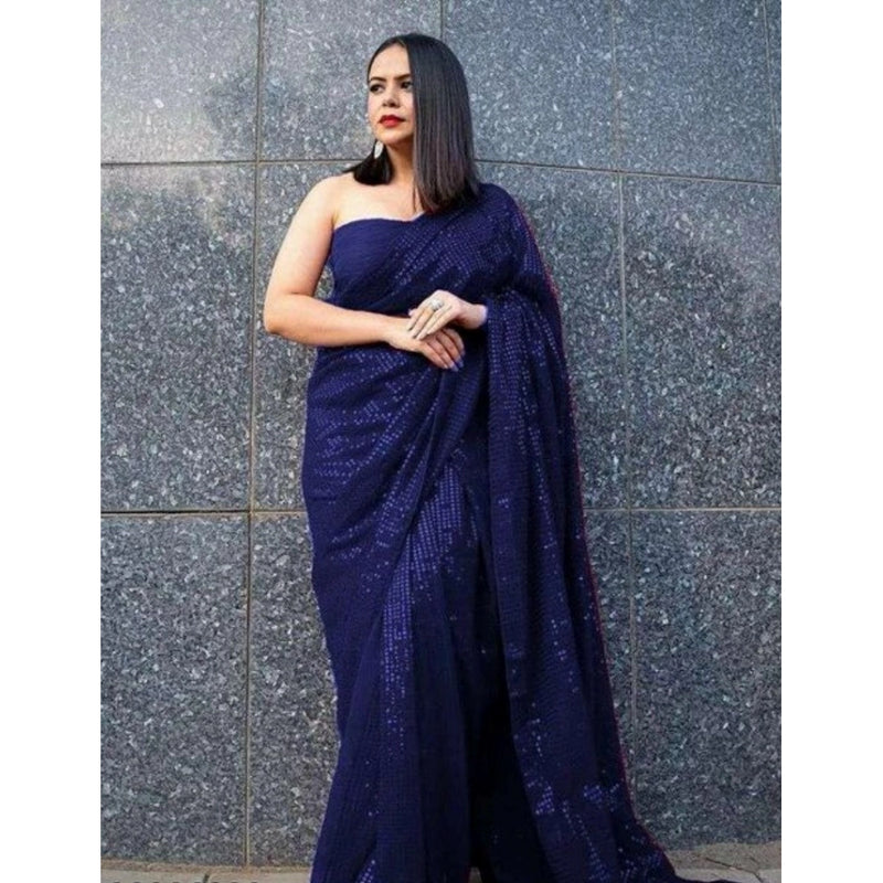 Mayawye Women's Georgette Embellished Sequnece Bollywood Saree With Unstitched Blouse 5.5Mtr (Blue)
