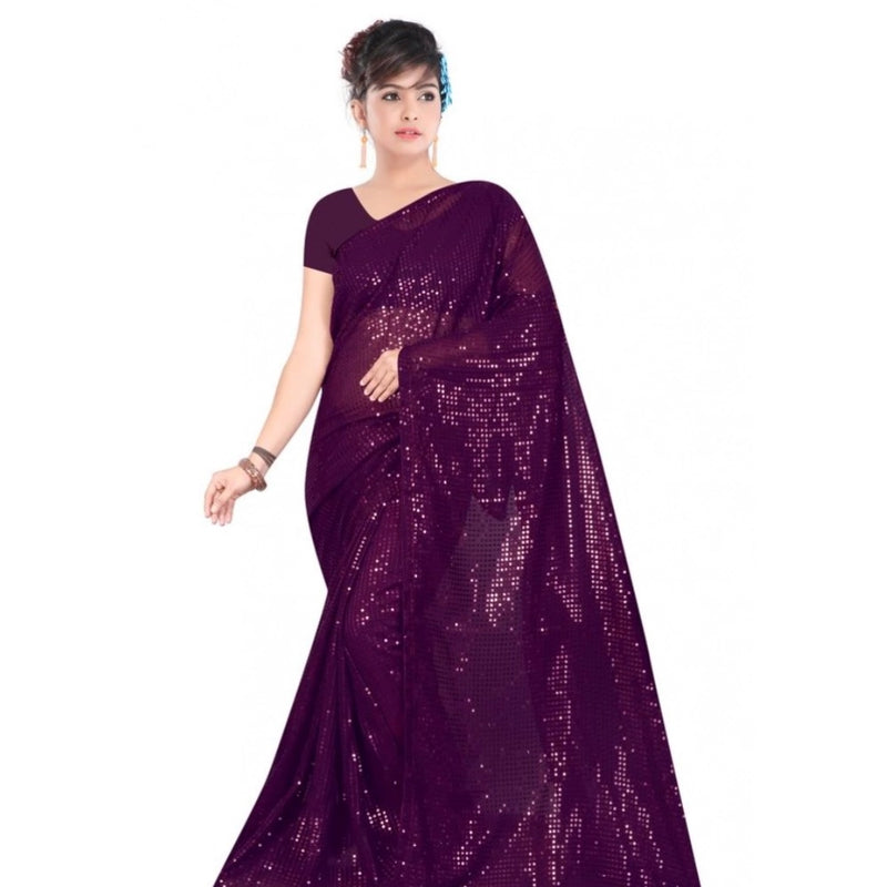 Mayawye Women's Georgette Embellished Sequnece Bollywood Saree With Unstitched Blouse 5.5Mtr (Purple)