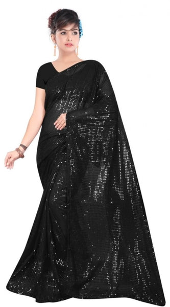 Mayawye Women's Georgette Embellished Sequnece Bollywood Saree With Unstitched Blouse 5.5Mtr (Black)