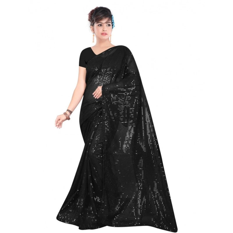 Mayawye Women's Georgette Embellished Sequnece Bollywood Saree With Unstitched Blouse 5.5Mtr (Black)
