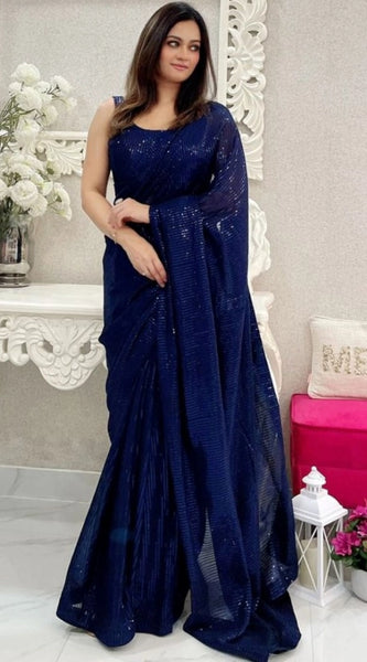 Mayawye Women's Georgette Embellished Sequnece Bollywood Saree With Unstitched Blouse 5.5Mtr (Blue)