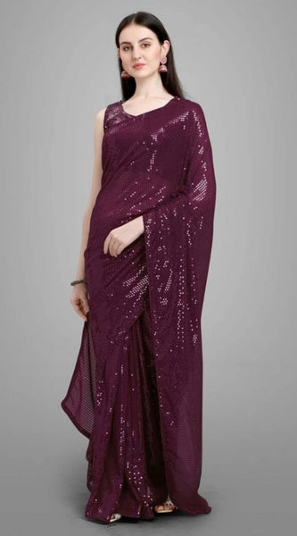 Mayawye Women's Georgette Embellished Sequnece Bollywood Saree With Unstitched Blouse 5.5Mtr (Purple)