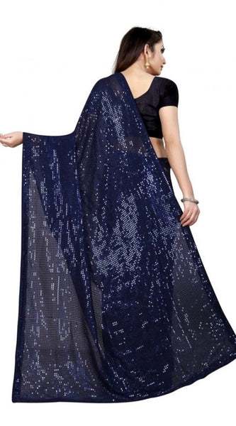 Mayawye Women's Georgette Embellished Sequnece Bollywood Saree With Unstitched Blouse 5.5Mtr (Blue)