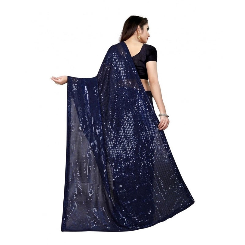 Mayawye Women's Georgette Embellished Sequnece Bollywood Saree With Unstitched Blouse 5.5Mtr (Blue)
