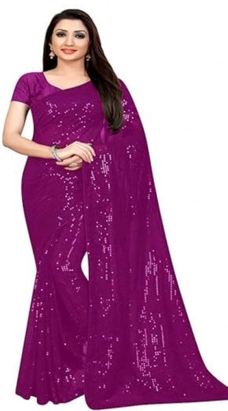 Mayawye Women's Georgette Embellished Sequnece Bollywood Saree With Unstitched Blouse 5.5Mtr (Purple)