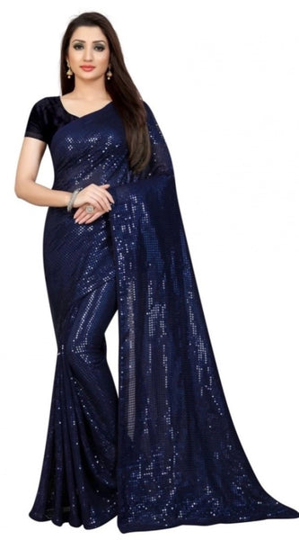 Mayawye Women's Georgette Embellished Sequnece Bollywood Saree With Unstitched Blouse 5.5Mtr (Blue)