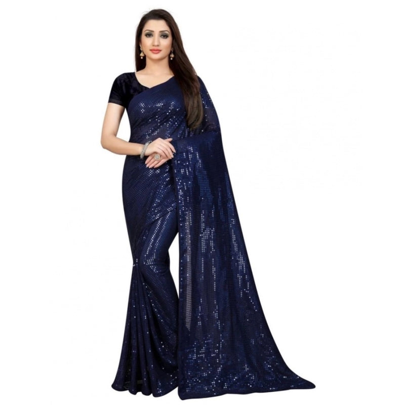 Mayawye Women's Georgette Embellished Sequnece Bollywood Saree With Unstitched Blouse 5.5Mtr (Blue)