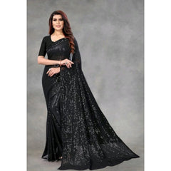 Mayawye Women's Georgette Embellished Sequnece Bollywood Saree With Unstitched Blouse 5.5Mtr (Black)