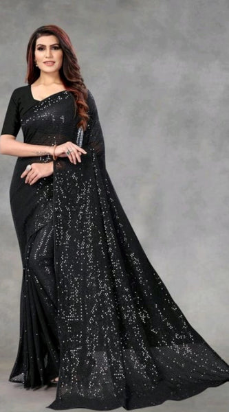 Mayawye Women's Georgette Embellished Sequnece Bollywood Saree With Unstitched Blouse 5.5Mtr (Black)