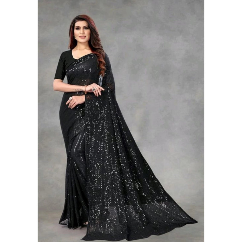 Mayawye Women's Georgette Embellished Sequnece Bollywood Saree With Unstitched Blouse 5.5Mtr (Black)