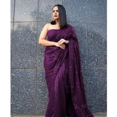 Mayawye Women's Georgette Embellished Sequnece Bollywood Saree With Unstitched Blouse 5.5Mtr (Purple)