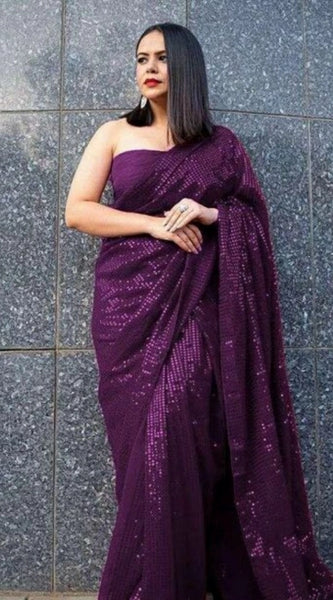 Mayawye Women's Georgette Embellished Sequnece Bollywood Saree With Unstitched Blouse 5.5Mtr (Purple)