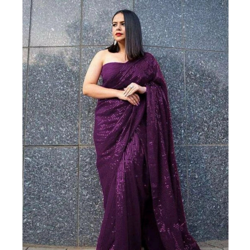 Mayawye Women's Georgette Embellished Sequnece Bollywood Saree With Unstitched Blouse 5.5Mtr (Purple)