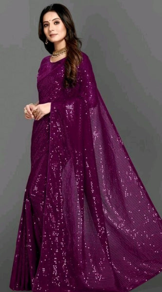 Mayawye Women's Georgette Embellished Sequnece Bollywood Saree With Unstitched Blouse 5.5Mtr (Purple)