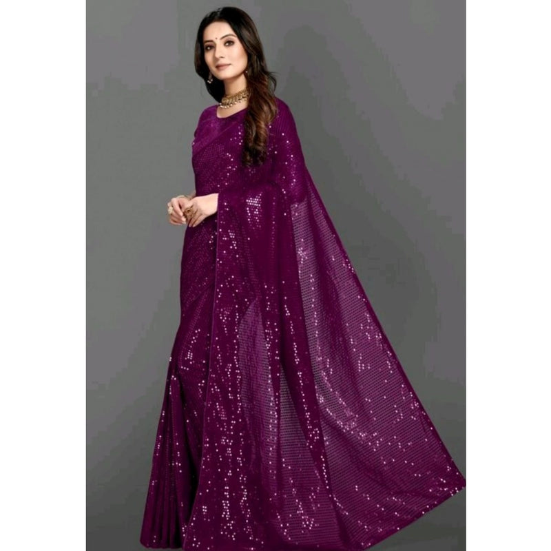 Mayawye Women's Georgette Embellished Sequnece Bollywood Saree With Unstitched Blouse 5.5Mtr (Purple)