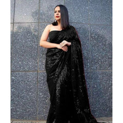 Mayawye Women's Georgette Embellished Sequnece Bollywood Saree With Unstitched Blouse 5.5Mtr (Black)