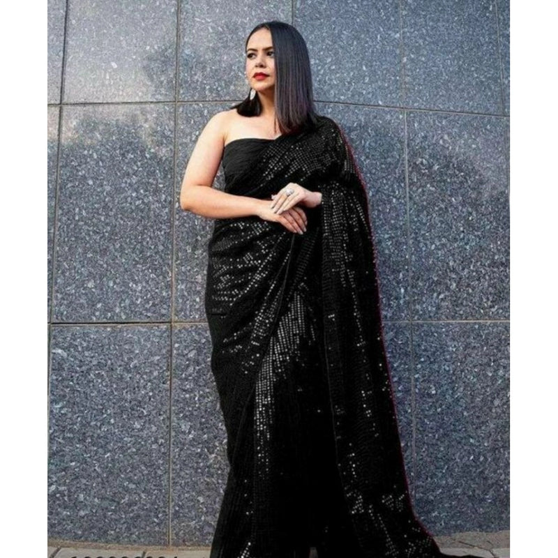 Mayawye Women's Georgette Embellished Sequnece Bollywood Saree With Unstitched Blouse 5.5Mtr (Black)