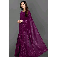Mayawye Women's Georgette Embellished Sequnece Bollywood Saree With Unstitched Blouse 5.5Mtr (Purple)