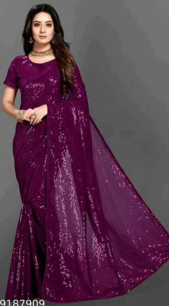 Mayawye Women's Georgette Embellished Sequnece Bollywood Saree With Unstitched Blouse 5.5Mtr (Purple)