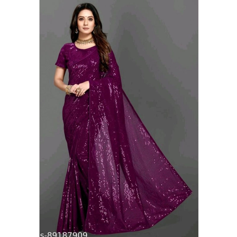Mayawye Women's Georgette Embellished Sequnece Bollywood Saree With Unstitched Blouse 5.5Mtr (Purple)