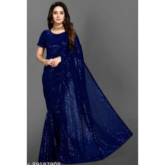 Mayawye Women's Georgette Embellished Sequnece Bollywood Saree With Unstitched Blouse 5.5Mtr (Blue)