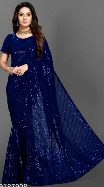 Mayawye Women's Georgette Embellished Sequnece Bollywood Saree With Unstitched Blouse 5.5Mtr (Blue)