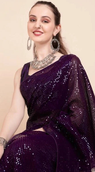 Mayawye Women's Georgette Embellished Sequnece Bollywood Saree With Unstitched Blouse 5.5Mtr (Purple)
