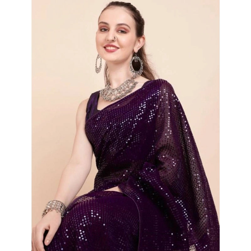 Mayawye Women's Georgette Embellished Sequnece Bollywood Saree With Unstitched Blouse 5.5Mtr (Purple)