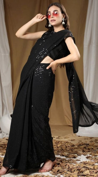 Mayawye Women's Georgette Embellished Sequnece Bollywood Saree With Unstitched Blouse 5.5Mtr (Black)
