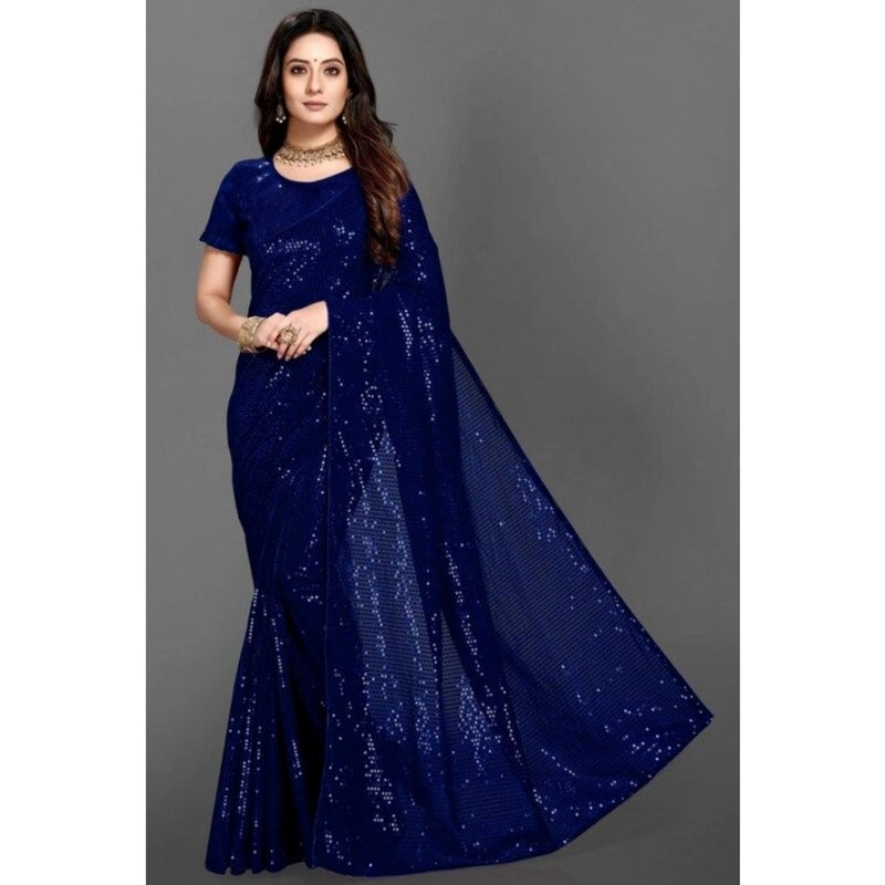 Mayawye Women's Georgette Embellished Sequnece Bollywood Saree With Unstitched Blouse 5.5Mtr (Blue)