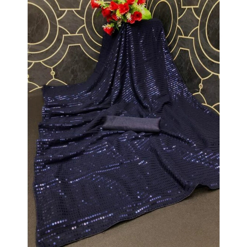Mayawye Women's Georgette Embellished Sequnece Bollywood Saree With Unstitched Blouse 5.5Mtr (Blue)