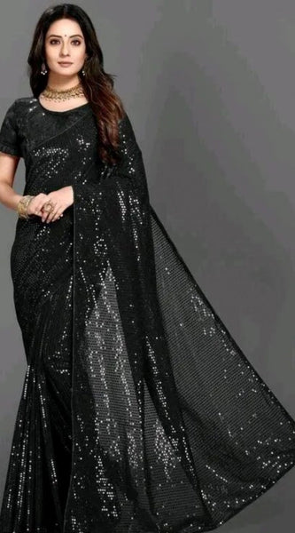 Mayawye Women's Georgette Embellished Sequnece Bollywood Saree With Unstitched Blouse 5.5Mtr (Black)