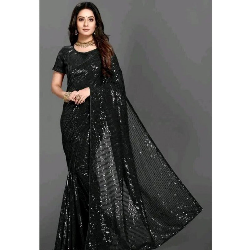 Mayawye Women's Georgette Embellished Sequnece Bollywood Saree With Unstitched Blouse 5.5Mtr (Black)