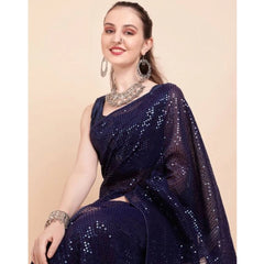 Mayawye Women's Georgette Embellished Sequnece Bollywood Saree With Unstitched Blouse 5.5Mtr (Blue)