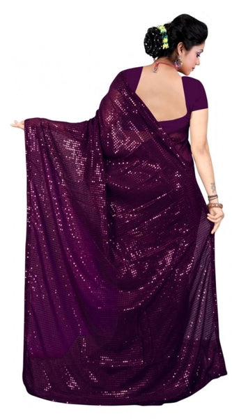 Mayawye Women's Georgette Embellished Sequnece Bollywood Saree With Unstitched Blouse 5.5Mtr (Purple)