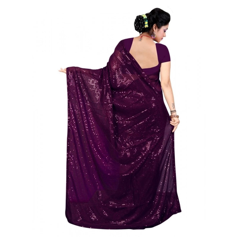Mayawye Women's Georgette Embellished Sequnece Bollywood Saree With Unstitched Blouse 5.5Mtr (Purple)