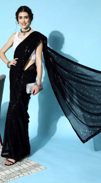 Mayawye Women's Georgette Embellished Sequnece Bollywood Saree With Unstitched Blouse 5.5Mtr (Black)