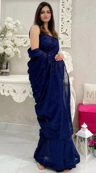 Mayawye Women's Georgette Embellished Sequnece Bollywood Saree With Unstitched Blouse 5.5Mtr (Blue)