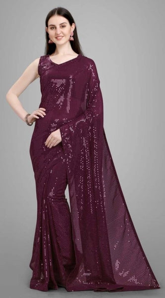 Mayawye Women's Georgette Embellished Sequnece Bollywood Saree With Unstitched Blouse 5.5Mtr (Purple)