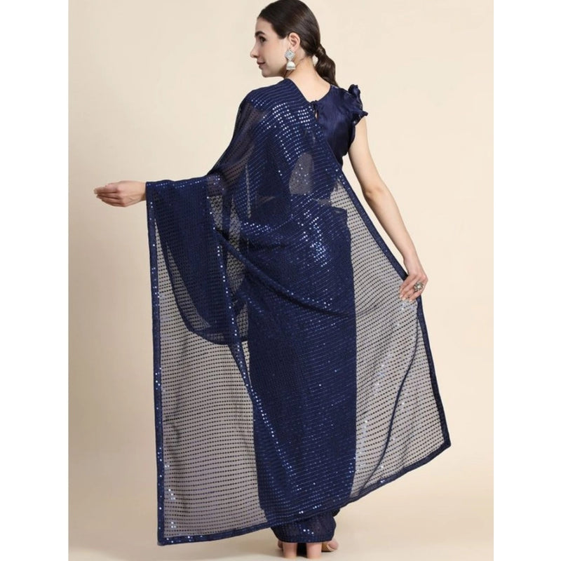 Mayawye Women's Georgette Embellished Sequnece Bollywood Saree With Unstitched Blouse 5.5Mtr (Blue)