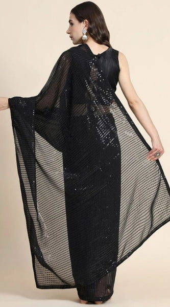 Mayawye Women's Georgette Embellished Sequnece Bollywood Saree With Unstitched Blouse 5.5Mtr (Black)