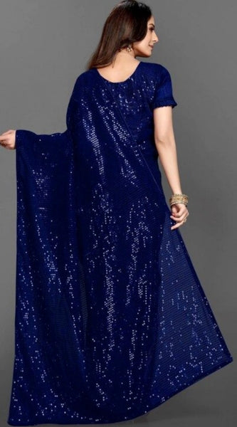 Mayawye Women's Georgette Embellished Sequnece Bollywood Saree With Unstitched Blouse 5.5Mtr (Blue)